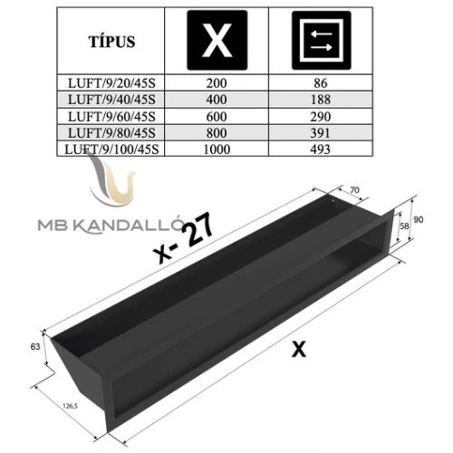 MINIMAL SZELLŐZŐRÁCS 9x40cm HÁTFALLAL